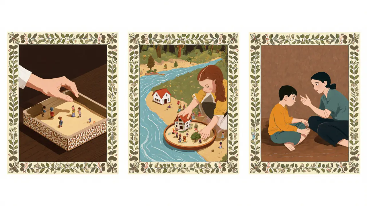 Tři panely: úvod, tvorba a reflexe během sandplay terapie.