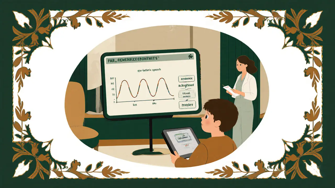 AI aplikace na tabletu analyzuje echolálii, zatímco dítě sleduje barevný graf.
