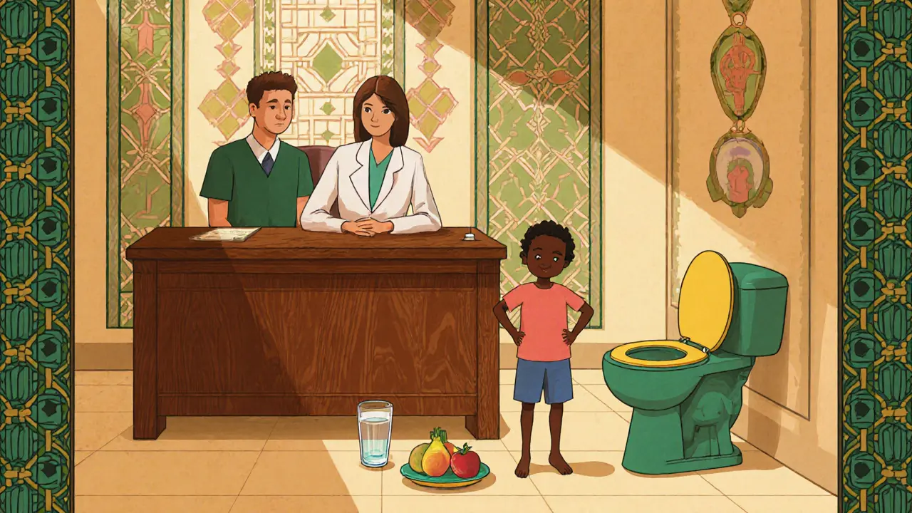 Dítě během uroterapeutické konzultace, stojí vedle toalety s vodou a ovocem, doprovázené lékařem a psychologem.