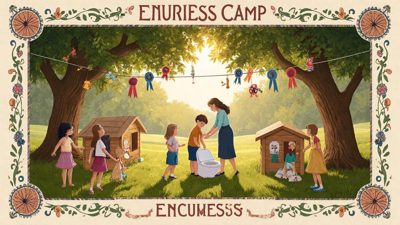 Letní táborová scéna, děti používají přenosný záchod pod stromy, odměny visí na provázcích.