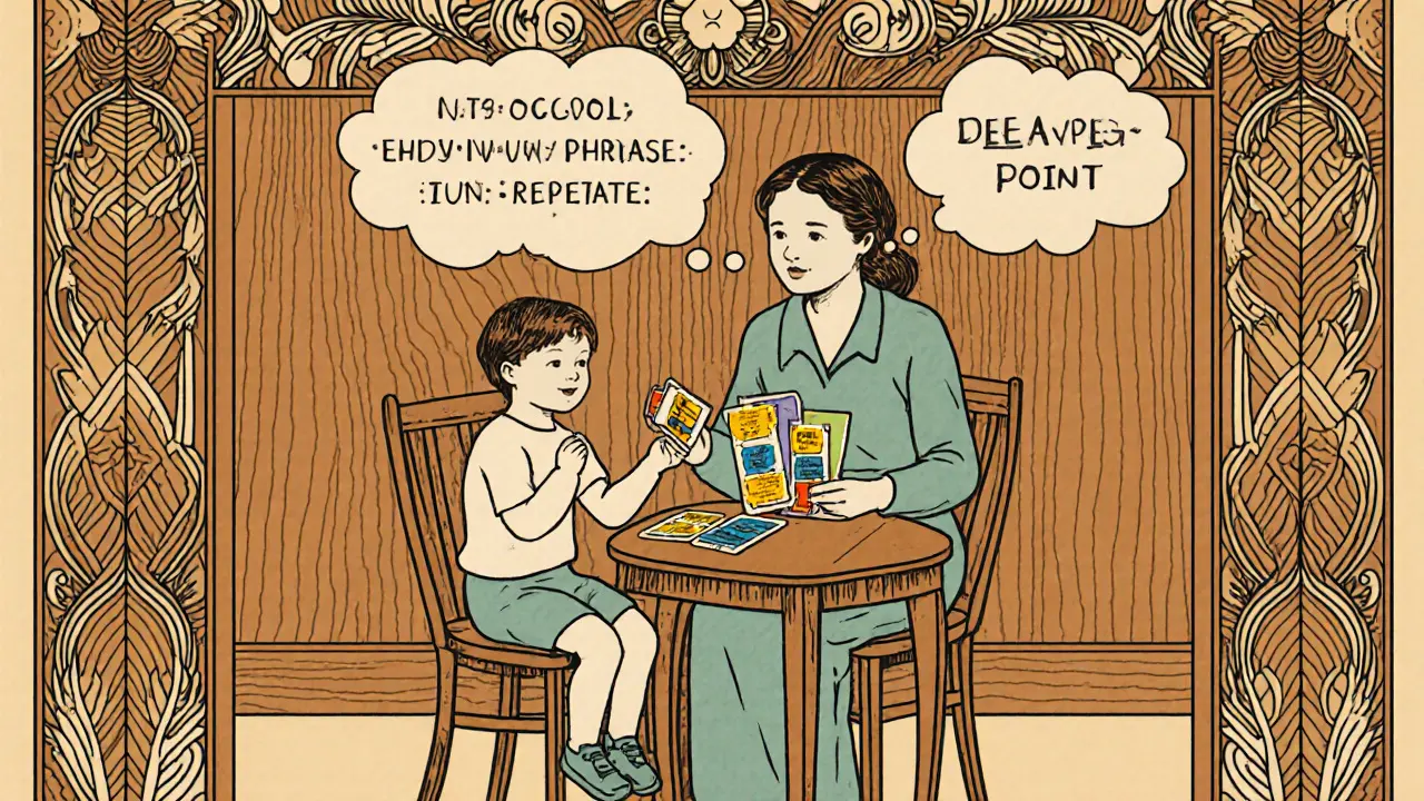 Logoped ukazuje vizuální nápovědu a používá metodu Cue‑Pause‑Point s dítětem.