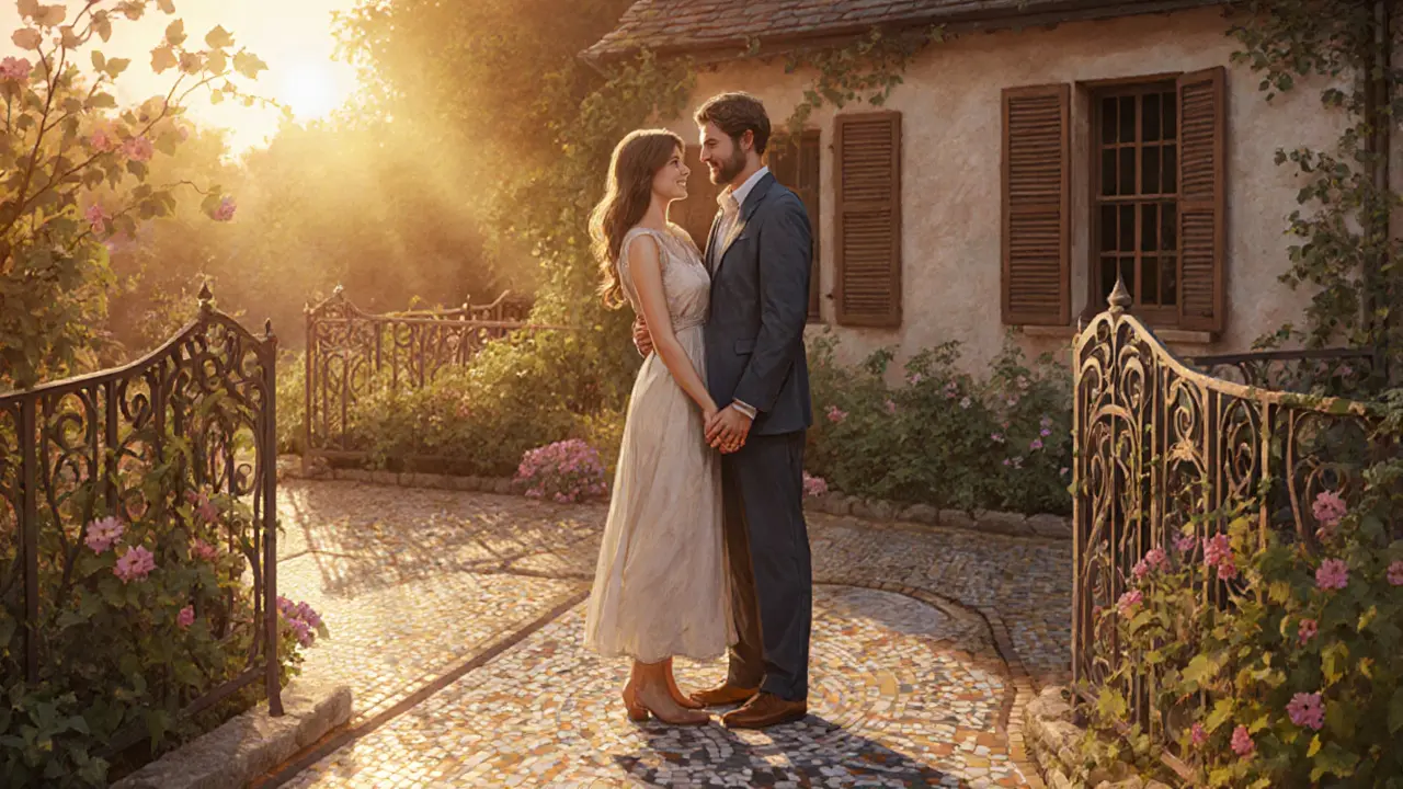 Pár se objímá na sluncem zalité zahradě, usmívá se a vypadá šťastně po terapii.