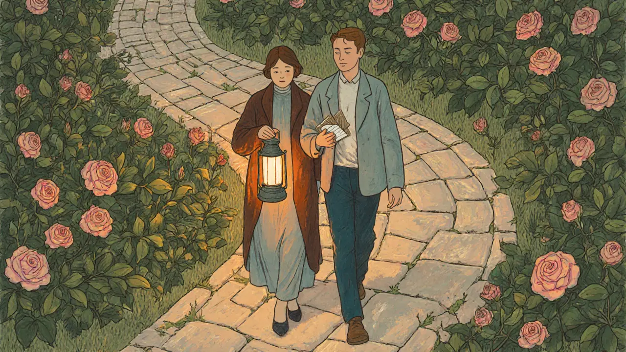 Terapeut a klient kráčejí zahradou, symbolizují dlouhodobou rekonstrukční terapii.