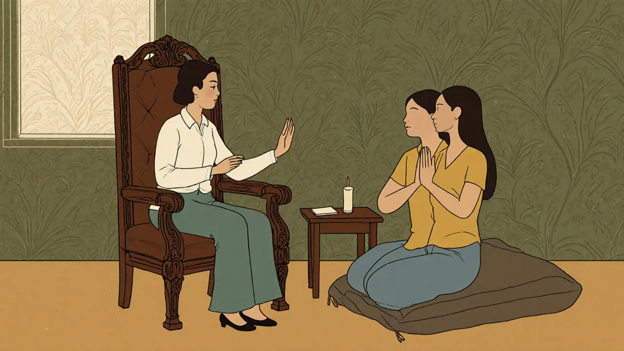 Terapeut provádí EMDR a somatické cvičení, zatímco pár sedí na podložce v uklidňujícím pokoji.