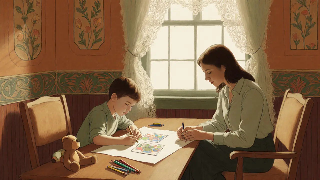 Dítě a terapeutka společně hrají a kreslí během terapeutického sezení.