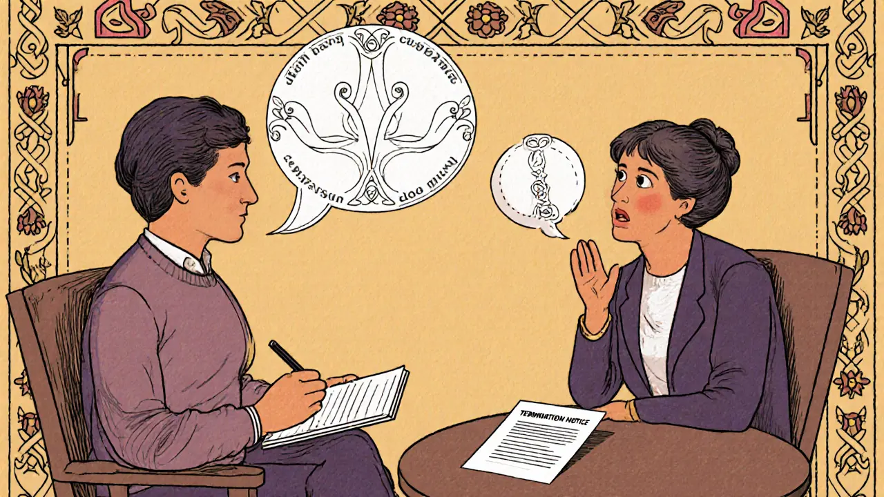 Klient a terapeut si povídají; na stole leží návrh e‑mailu o ukončení terapie, vše v rukodělném stylu.