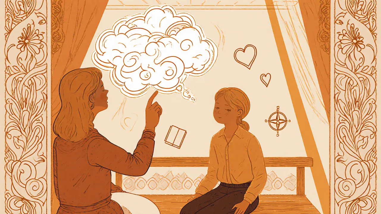 Klient v meditaci u terapeuta, myšlenky znázorněny jako mraky, kolem květinové ornamenty.