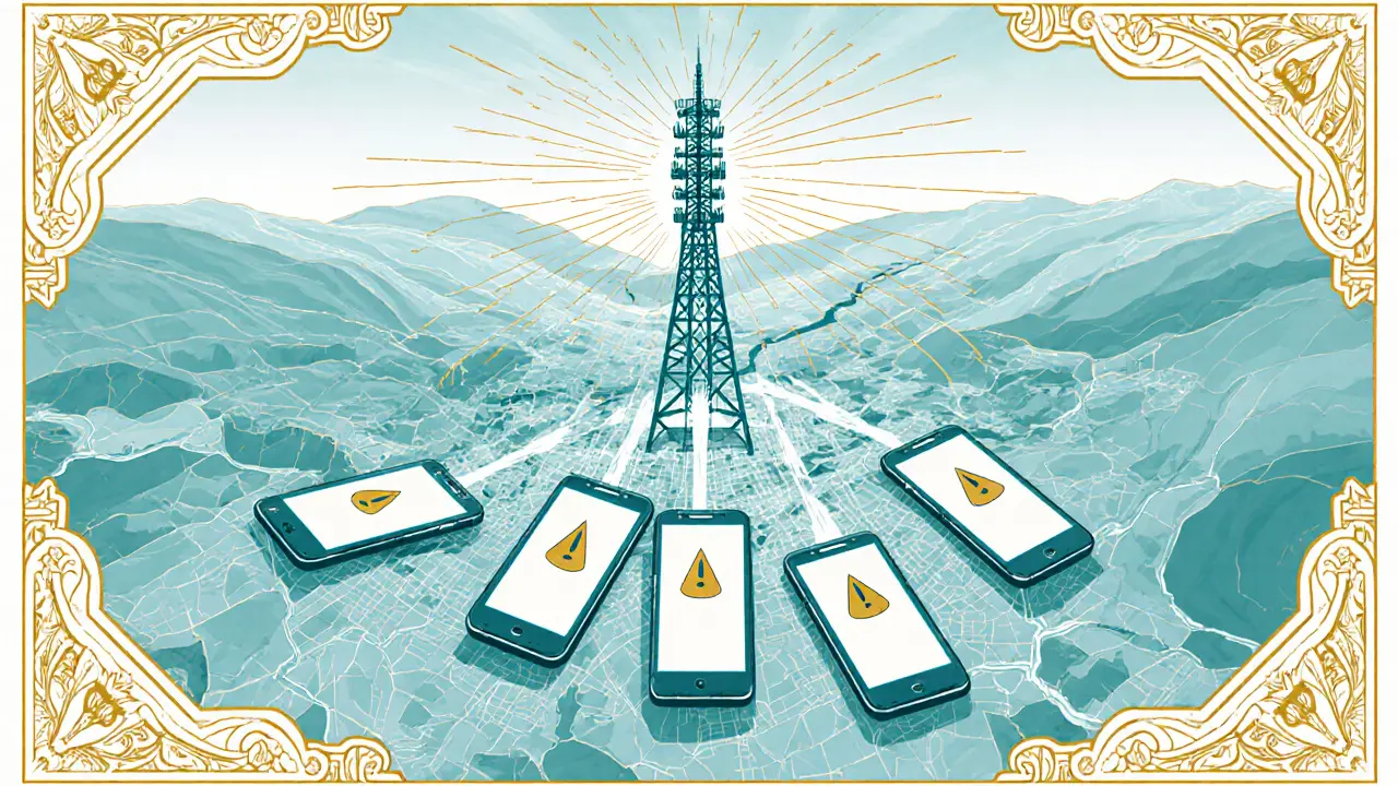 Mapa ČR s vlnami Cell Broadcast a mobilními telefony zobrazujícími výstrahu.