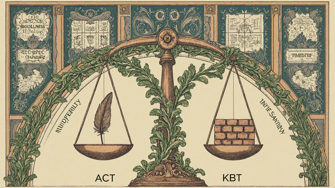 Propletené cesty ACT a KBT končí vyváženou váhou s pírkem a cihlou, doplněné o techniky.