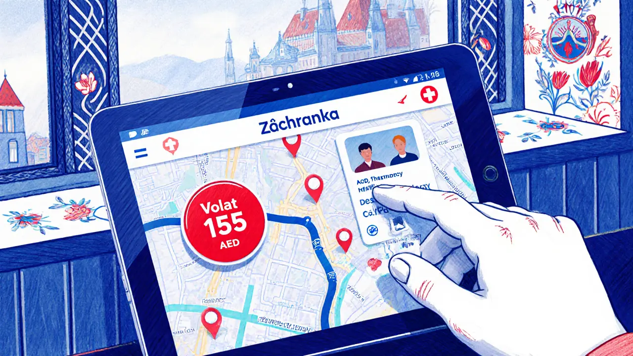 Uživatel používá aplikaci Záchranka, ukazuje tlačítko Volat 155 a mapu AED.