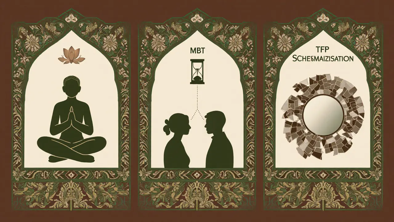Čtyři panely s postavami a symboly představujícími DBT, MBT, TFP a schematerapii.