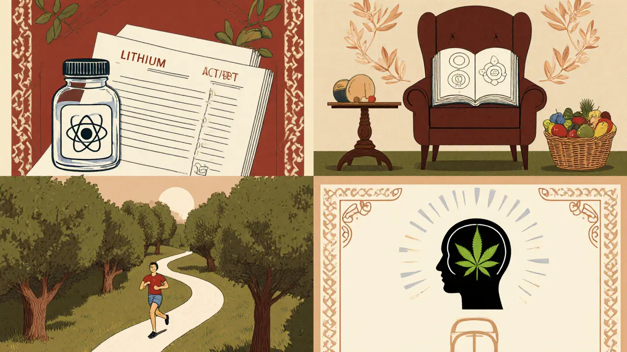 Čtyři symbolické sekvence představují medikaci, terapii, životní styl a doplňkové nástroje.