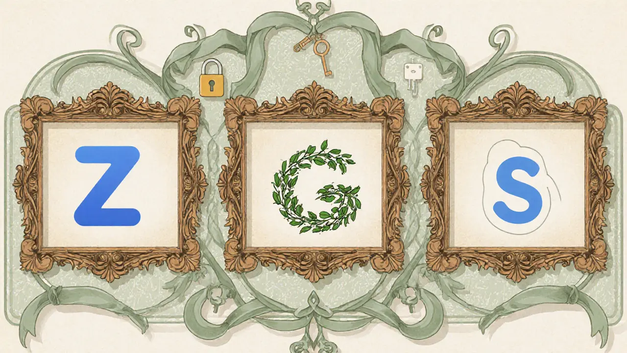 Ikony Zoom, Google Meet a Skype v ornamentálním aranžmá s motivy zámků.