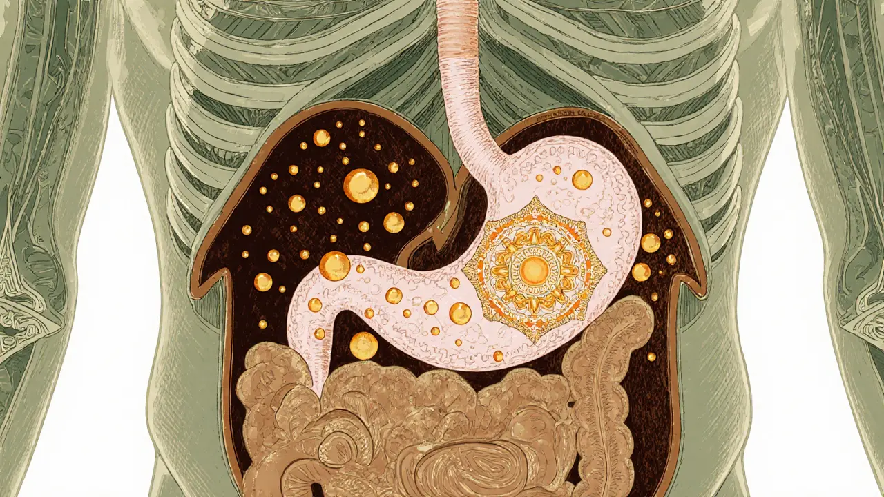 Křížový řez těla s ghrelinovými kapičkami a leptinovými koulemi směřujícími k hypothalamu.