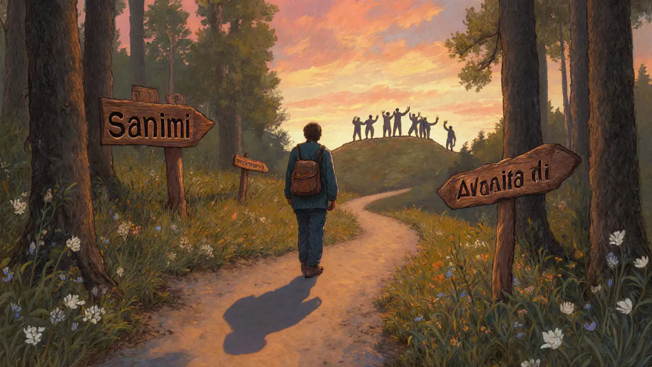 Osoba kráčí lesní cestou v ranním světle, kde ji vzdáleně vede komunita.