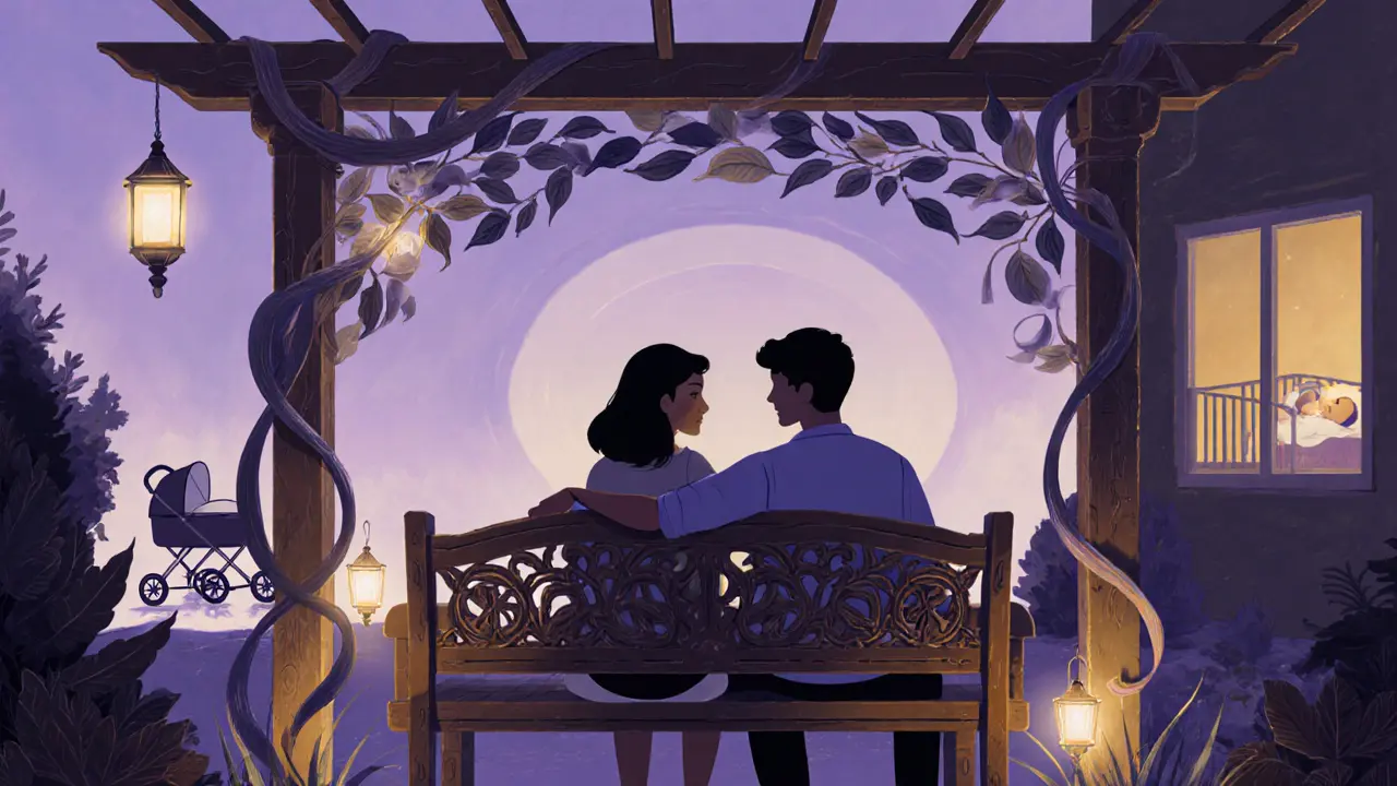 Rodiče na zahradní lavici, drží se za ruce a užívají si klidný čas bez dítěte.