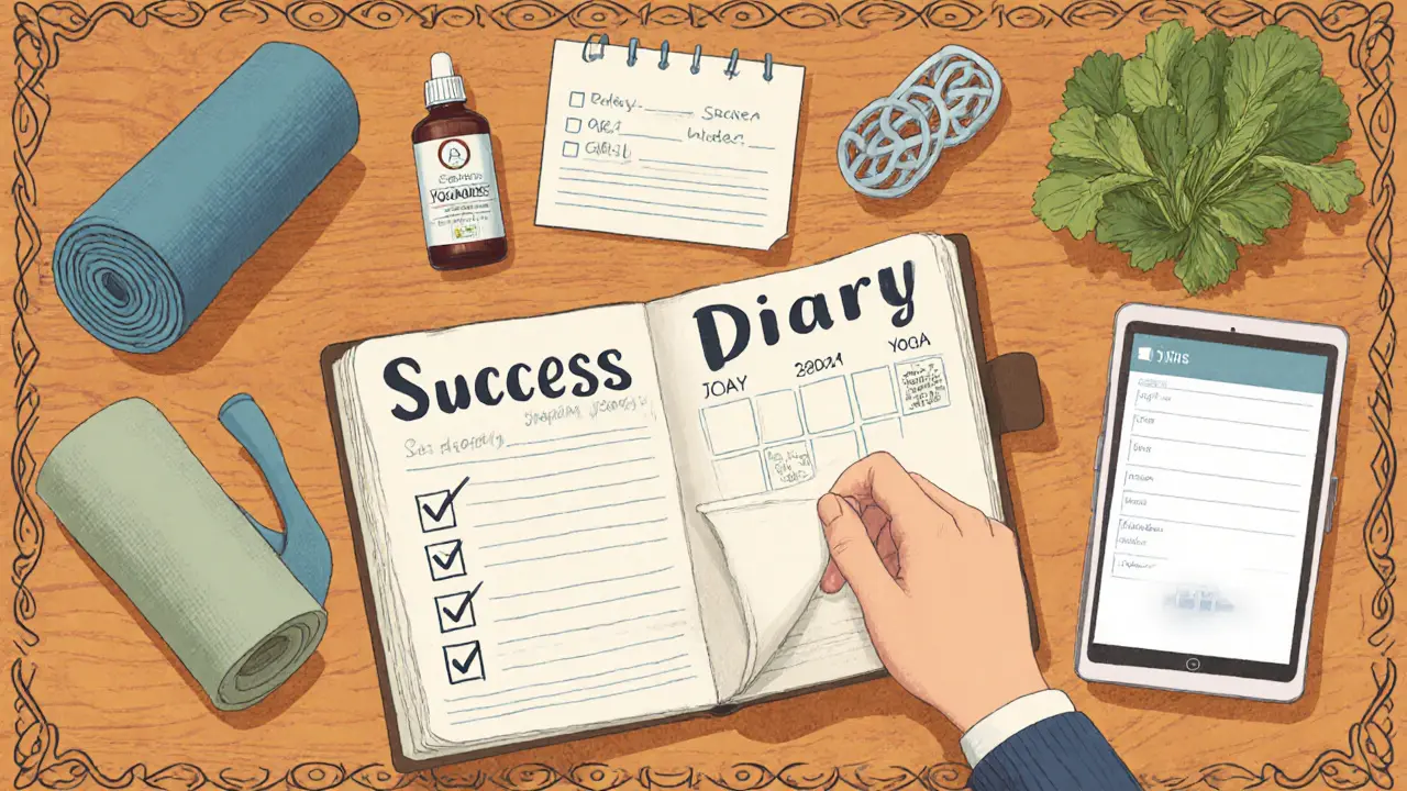 Ruka zapisuje do úspěchového deníku, vedle kalendáře, jóga podložky a digitální aplikace.