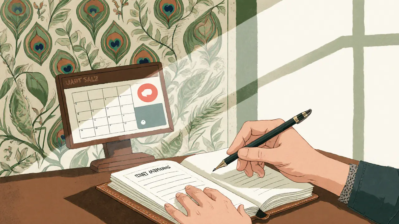 Ruka zapisuje poznámky po první terapii, vedle náčrtu kalendáře a stínu online videohovoru.