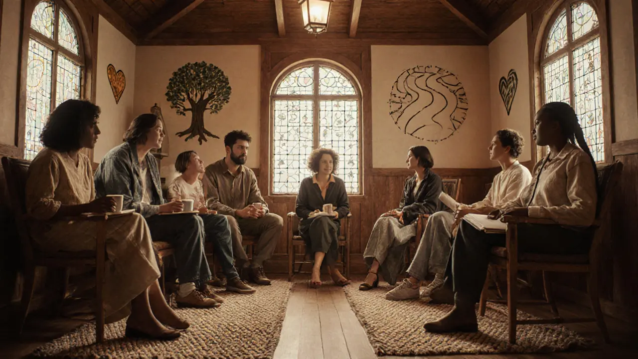 Skupina lidí se setkává v teplém prostředí, kde sdílí podporu a klidnou komunikaci.