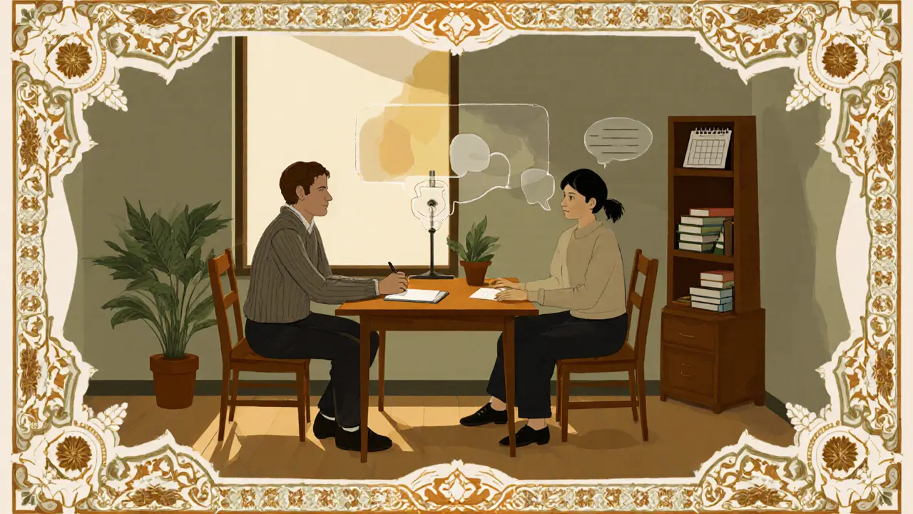 Terapeut a klient během první sezení v pokojové atmosféře s knihami, rostlinou a kalendářem.