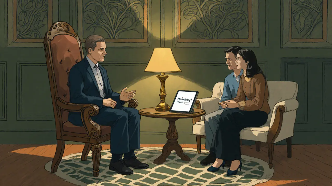 Terapeut sedí s párem u kulatého stolu, vytváří bezpečný prostor pro rozhovor.