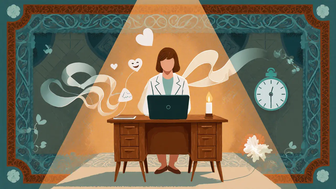 Terapeut u stolu s grafy emocí a digitálními symboly v stylu Arts and Crafts.