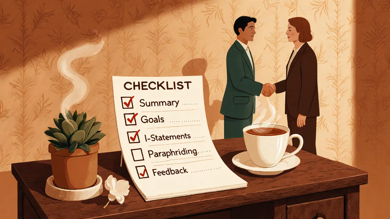 Na dřevěném stole leží kontrolní seznam; klient a terapeut ukončují terapii.