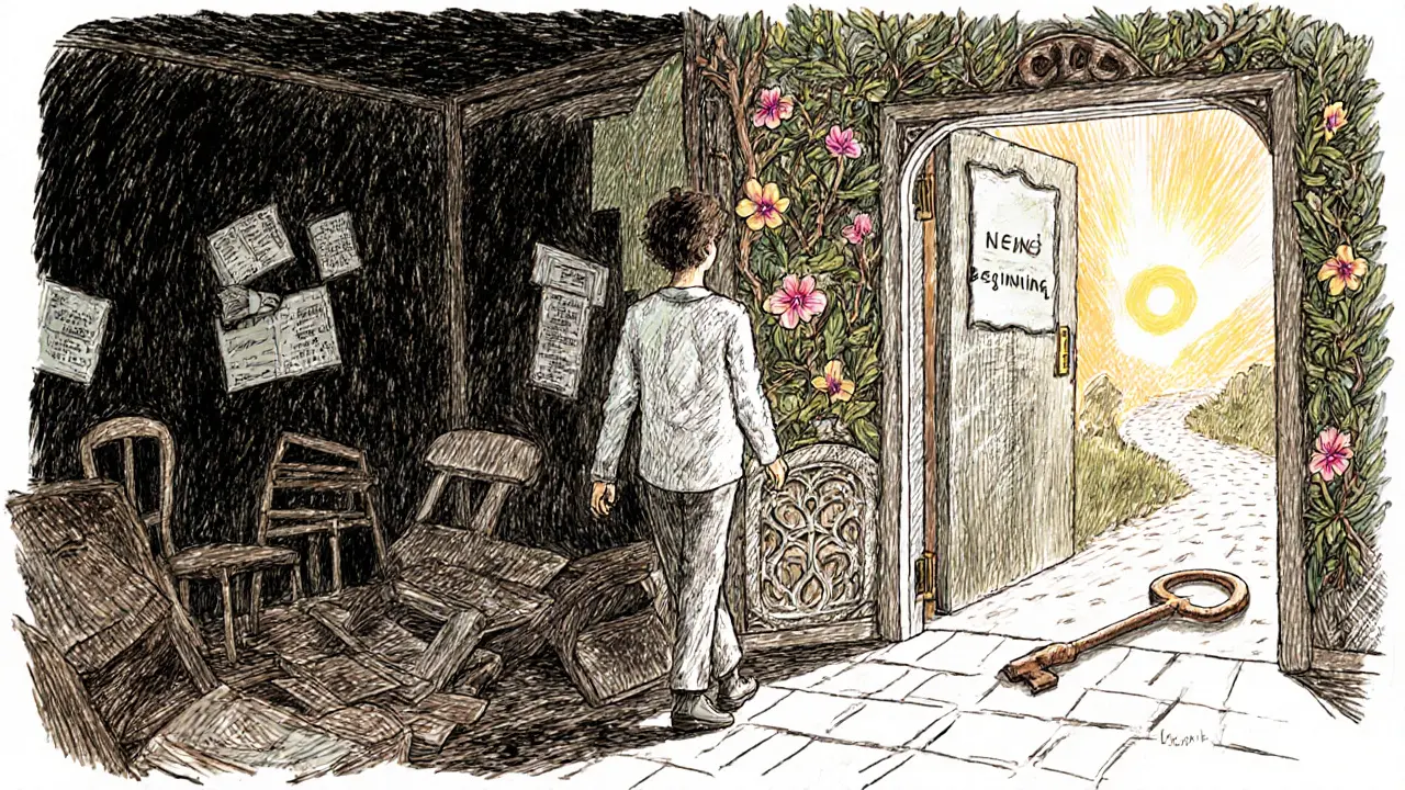 Osoba opouští temný pokoj a jde směrem ke světlému východu s dřevěným klíčem.