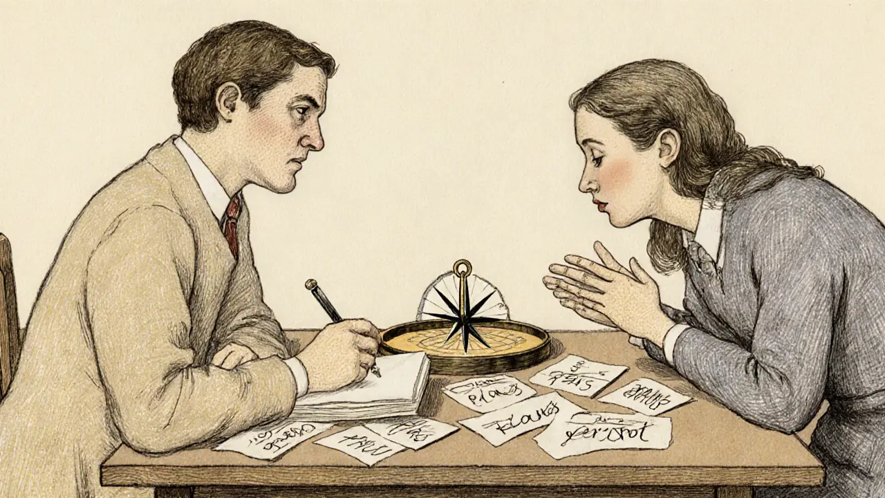 Terapeut a klient sedí u stolu, před nimi rozbitý kompas a roztrhané listy.