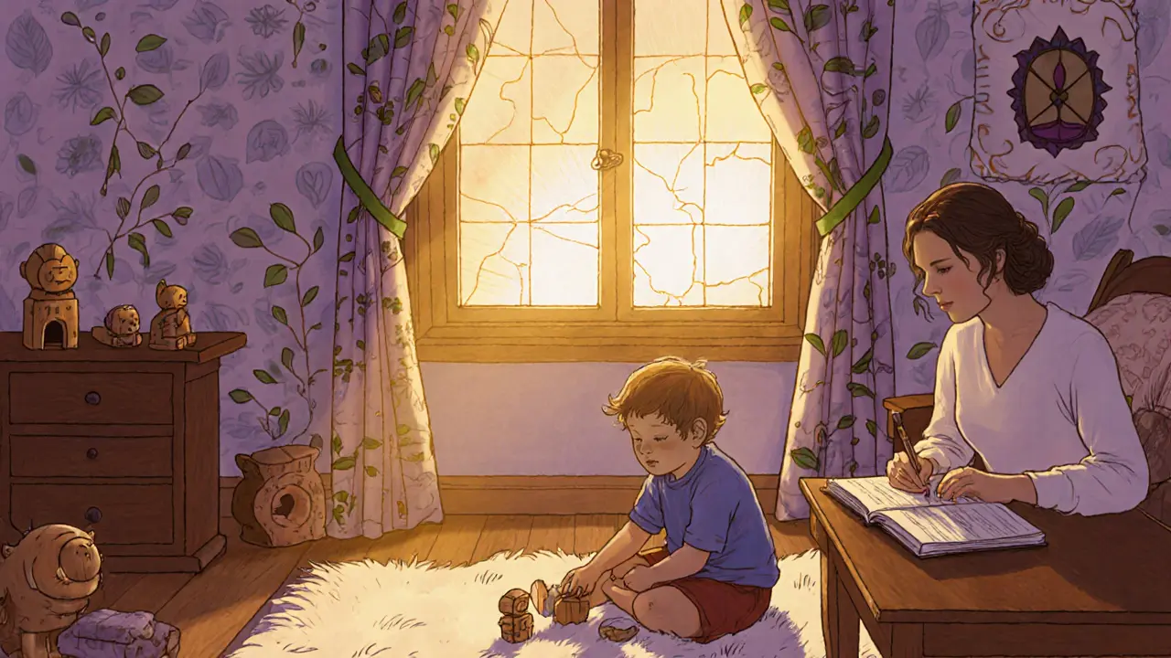 Dítě si po terapii hraje v klidném domově, rodič ho pozoruje.