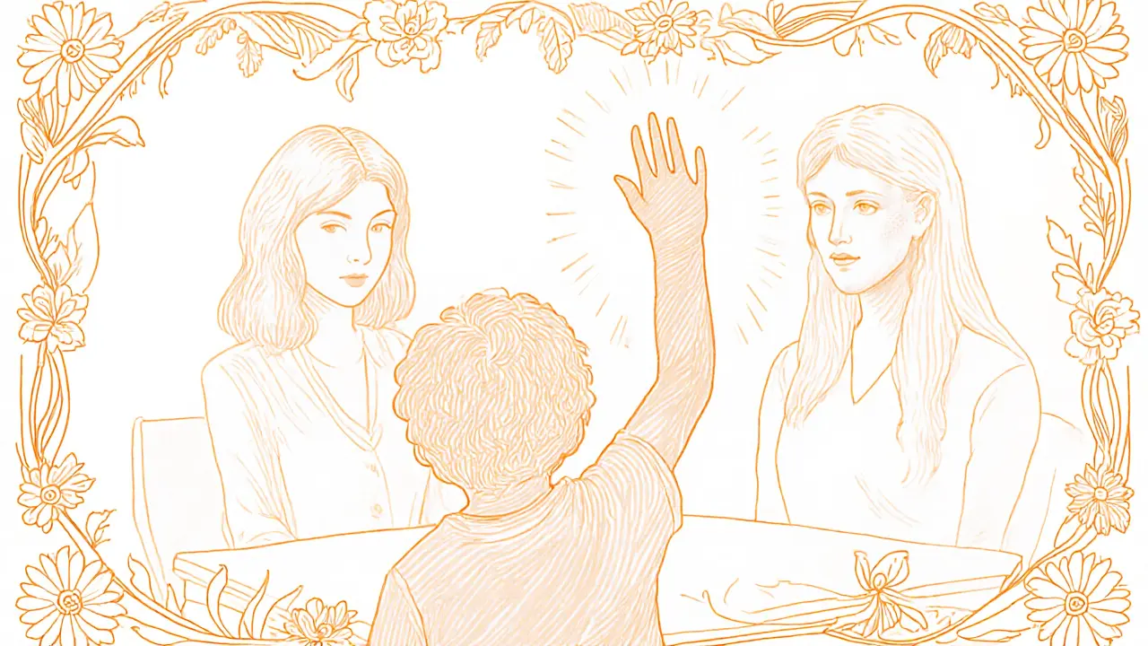 Dítě ve třídě zvedá ruku, okolo něj klidná aura, terapeut a učitel ho pozorují.