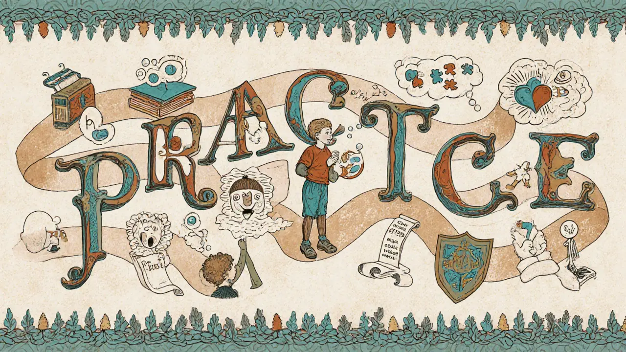 Ilustrace zkratky PRACTICE s osmi malými scénkami dovedností terapie.