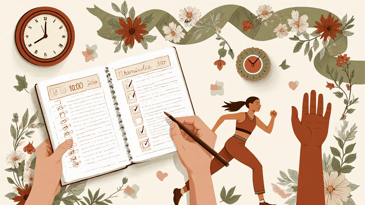 Montáž: deník, hodiny 18:00, běžec a gesto odmítnutí v rukou.