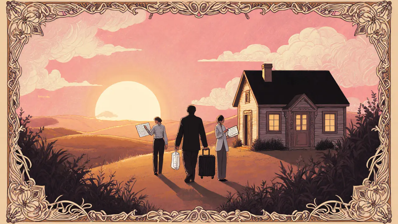 Osoba odchází z domu s podporou přátel a terapeuta, nadějný úsvit.