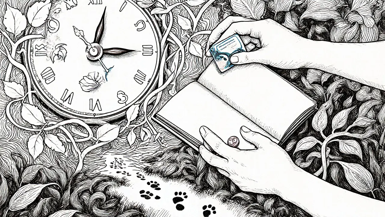 Pomalu jdoucí hodiny s liánami a stopami nohou, které vedou od chaosu k řádu.