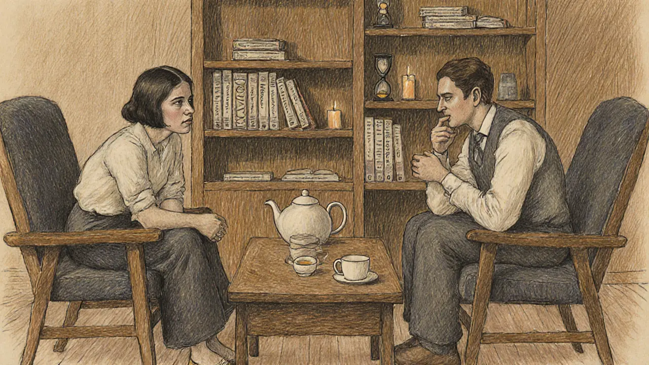 První sezení psychoterapie s teou a keramickými šálky, obě strany se navzájem pozorují.