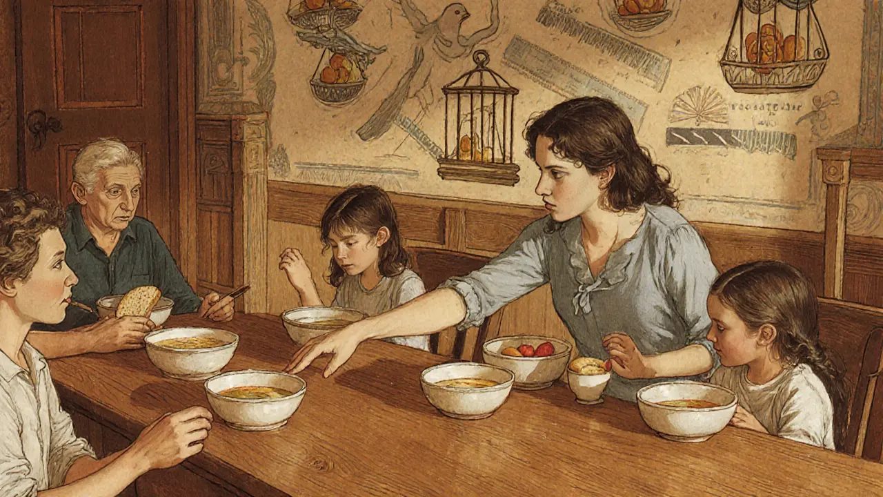 Rodina sedí u stolu, každý má jídlo, ale nejí — matka dotýká ruky dcery v tichém momentě lásky.