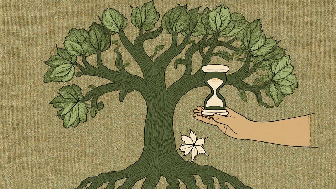 Strom s kořeny jako vzpomínky a listy jako emoce, symbolizující terapeutický proces.