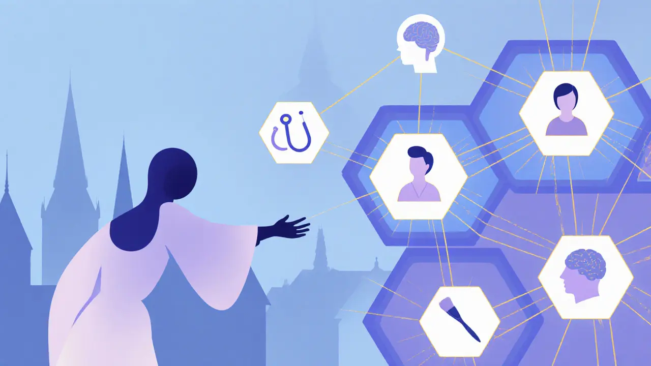 Symbolické spojení klienta s vhodným terapeutem pomocí stylizované sítě a algoritmu.