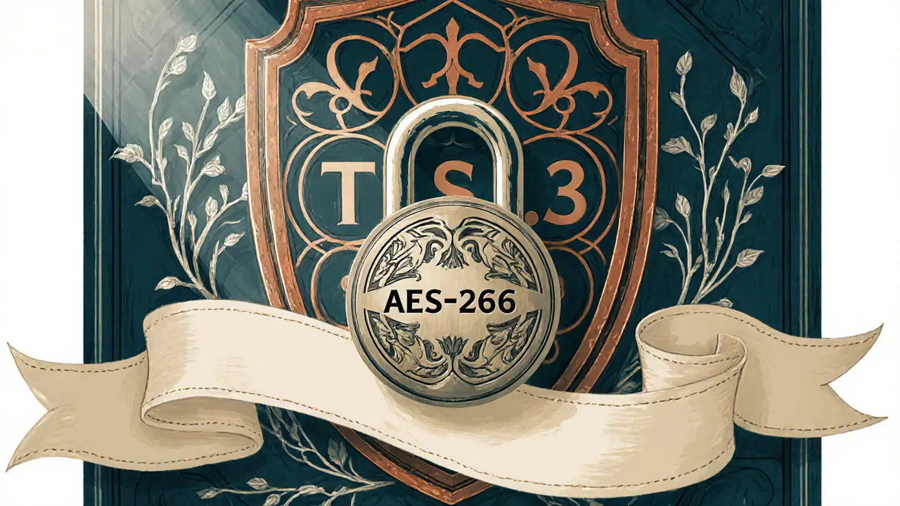 Symbolické zobrazení šifrování – zámek, štít TLS 1.3 a řetěz AES‑256 ve stylu Arts and Crafts.