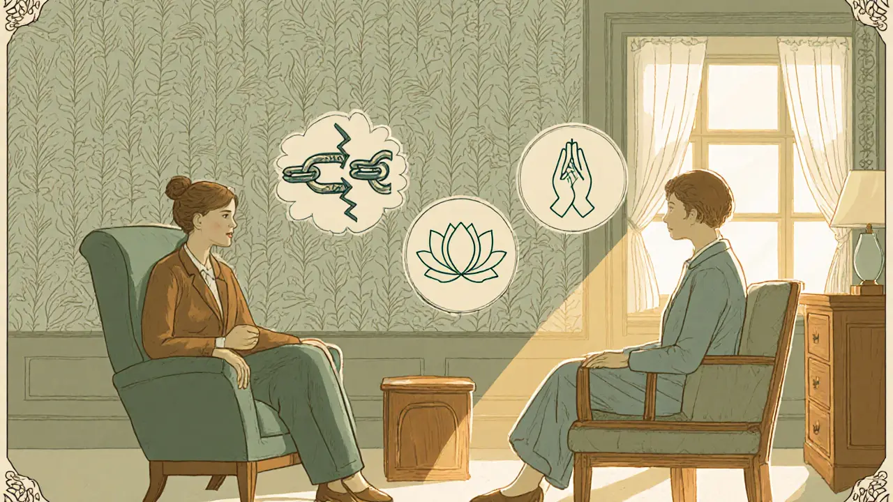 Terapeut a klient v pokojíku s ikonami CBT, mindfulness a integrativní terapie.