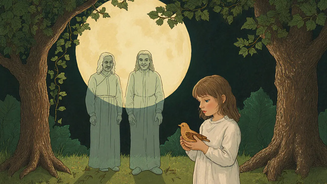 Dítě drží dřevěného ptáčka v zahradě, za ním průhlední prarodiče ve formě listí a vín, symbolizující klidné porozumění.