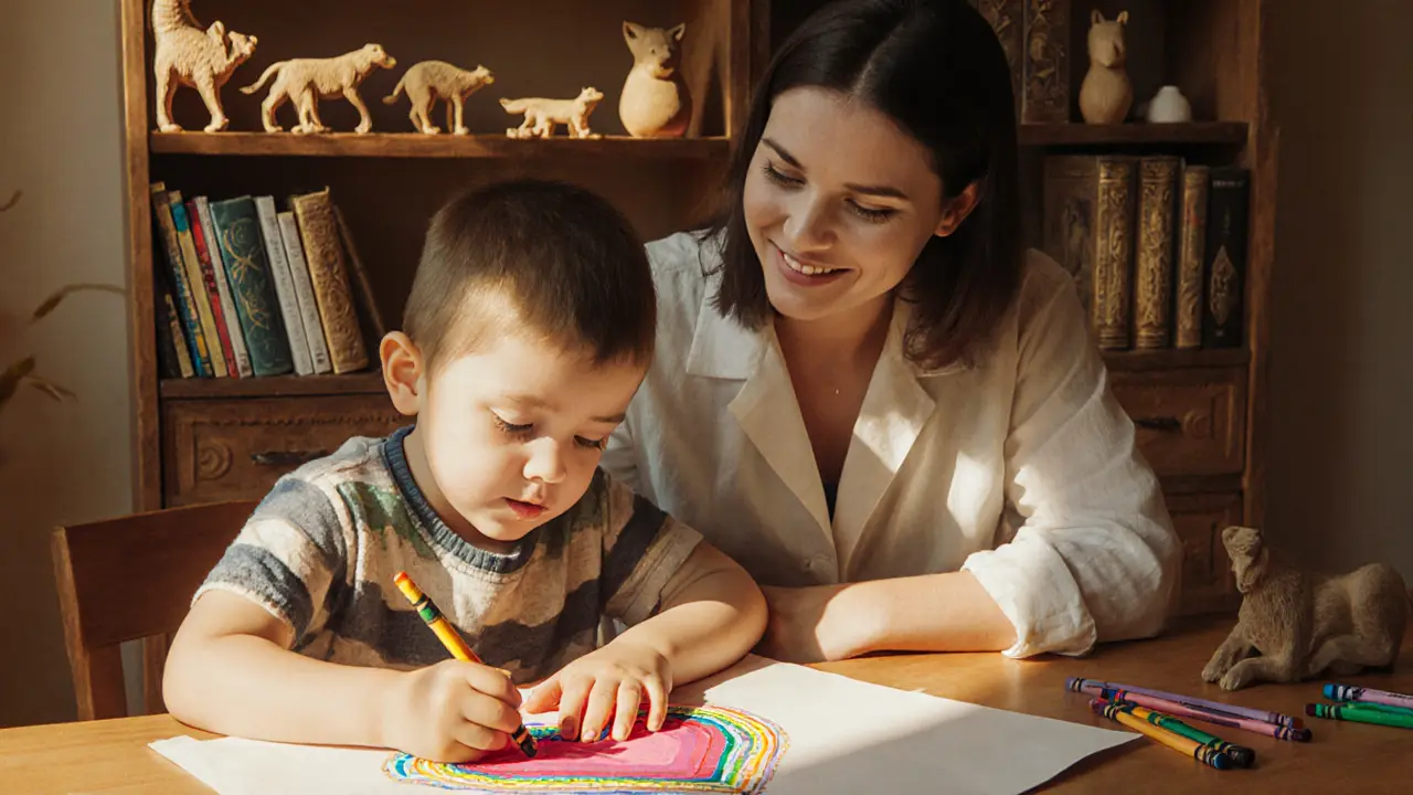 Dítě kreslí srdce na rukou zhotoveném papíře, psycholog sedí vedle s klidným úsměvem.