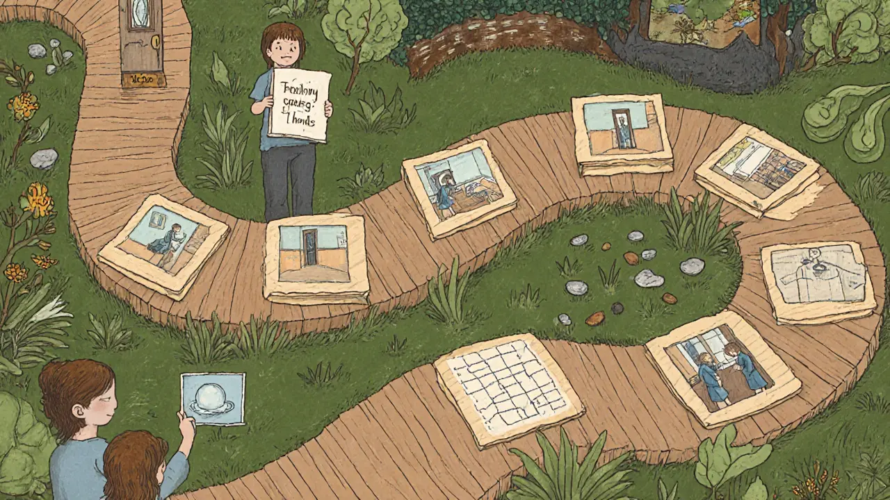 Dítě postupuje po dřevěné cestě s kroky expozice, každý označený dřevěnou deskou s obrazem.