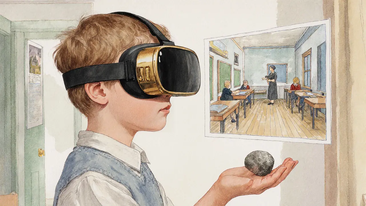 Dítě s dřevěnými brýlemi VR prohlíží virtuální třídu, v ruce drží hmatatelný kámen.