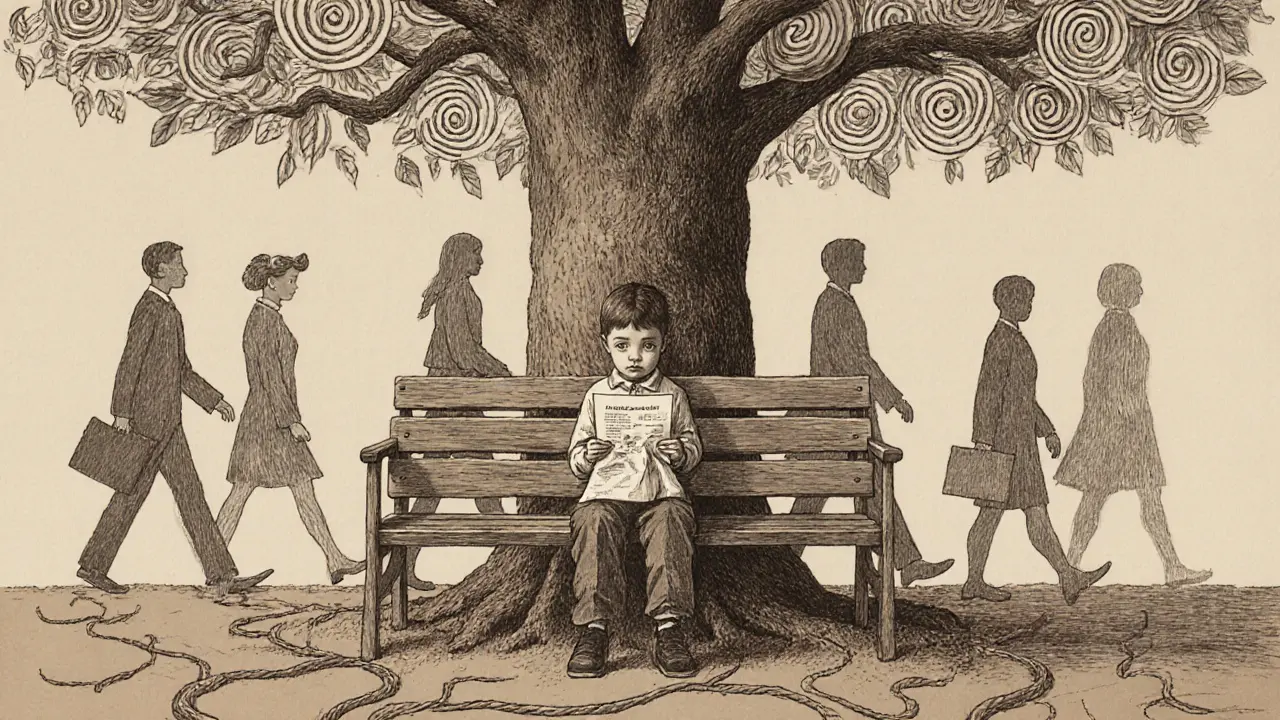 Dítě sedí pod stromem s dotazníkem, zatímco kolem něj projíždějí nevšímající dospělí.