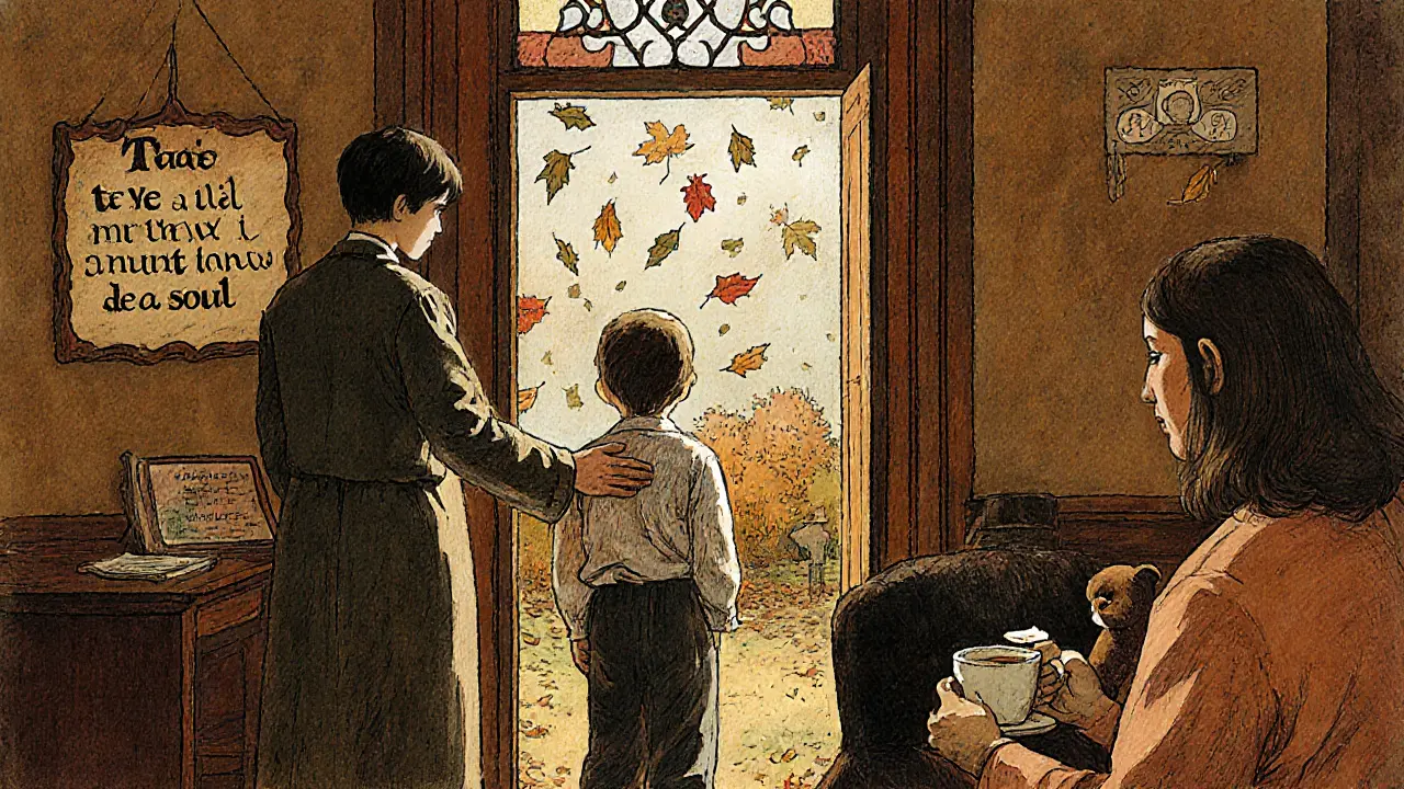 Dítě stojí u dveří psychologa, rodič ho podporuje, v pozadí je rukou vytvořený nápis o hovoru o duši.