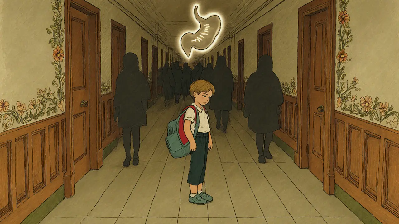 Dítě stojí v chodbě školy, nad jeho břichem se objevuje symbol bolesti, ostatní se rozplývají ve stínu.