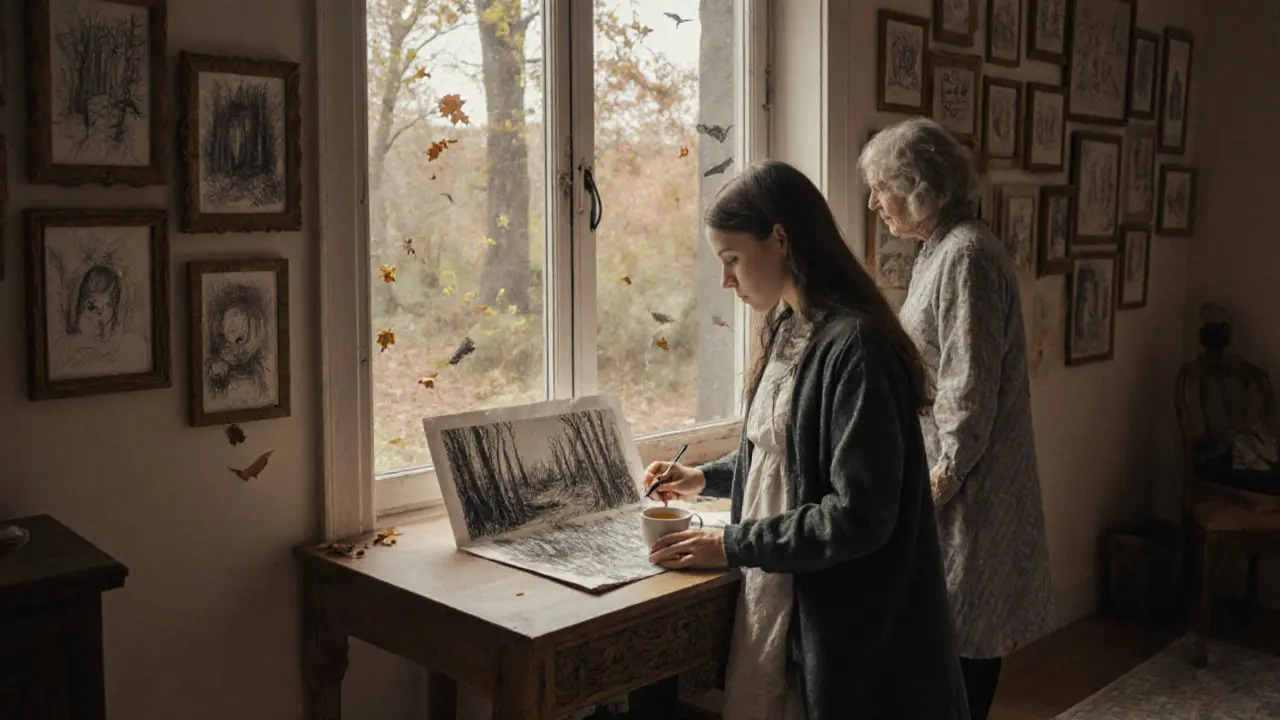 Dívka kreslí les, matka jí přináší čaj — ticho a přítomnost jako lék.