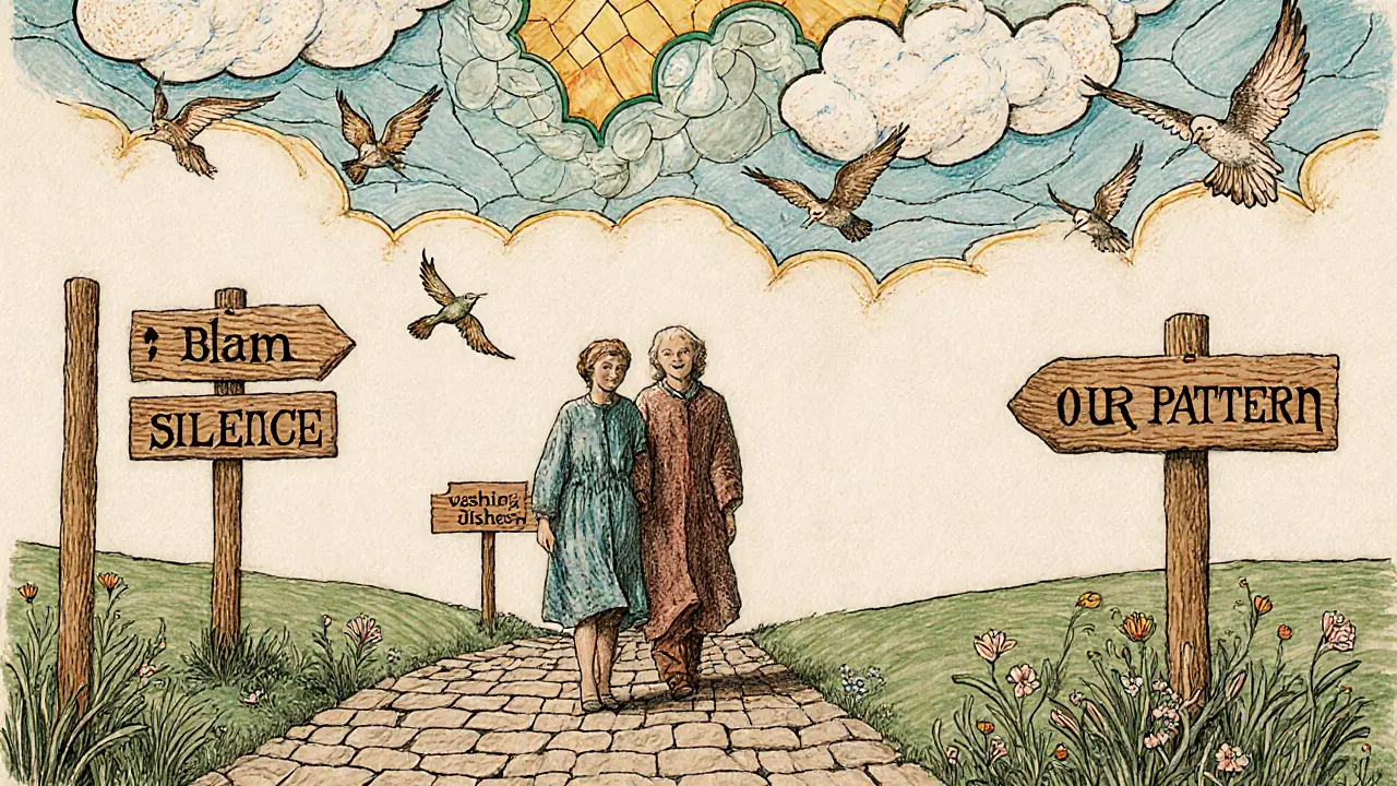 Dva lidé jdou po cestě, kde se přeměňují symboly konfliktu na květiny, terapeut za nimi s potichlým úsměvem.